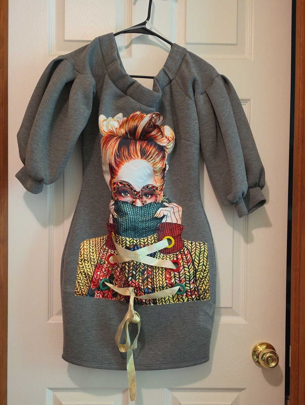 Women's Grey Graphic Puff-Sleeve Sweatshirt Material Dress with Lace-Up Detail